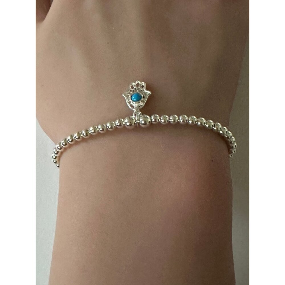 925 Sterling Silver Beaded Stretch Stacking Bracelet Hamsa Charm Minimalist S7" - Picture 3 of 5